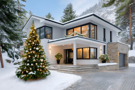 Modern residential house exterior decorated with Christmas tree and festive lighting in snowy winter landscapeの素材