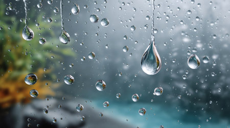 Many raindrops falling on clear window glass, showing reflections of green and blue natureの素材