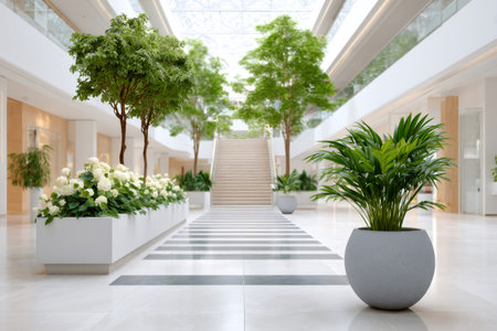 Modern office lobby featuring bright interior design, green plants, and a central staircaseの素材