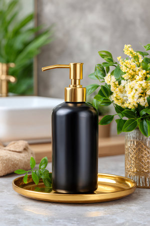 Black and gold soap dispenser providing hygiene and elegance in a modern bathroomの素材