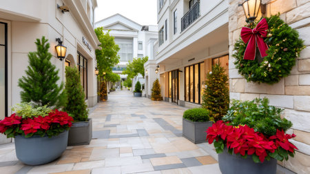 Shopping street decorated with wreaths, Christmas trees, and poinsettia plantsの素材