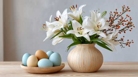 Easter eggs on a wooden plate next to white lilies in a vase, celebrating springの素材