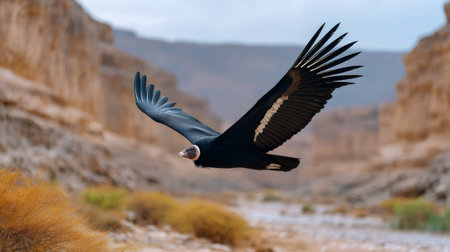 California condor soaring with outstretched wings above a dry desert canyonの素材