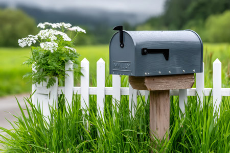 Gray Mally mailbox standing by a white picket fence, surrounded by green grass and wildflowersの素材