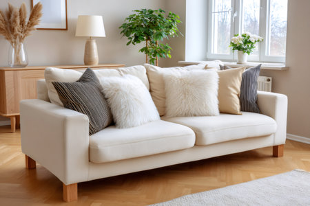 Beige sofa with pillows creating a cozy and welcoming atmosphere in a modern living roomの素材