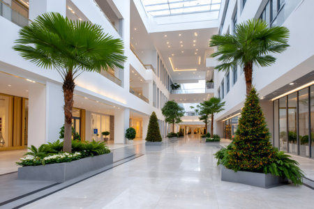 Shopping mall atrium decorated for Christmas, featuring palm trees and festive lightingの素材