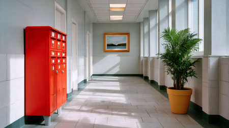 Empty hallway featuring a row of red mailboxes, a green potted plant, and a painting on the wallの素材