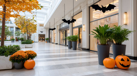 Empty shopping mall walkway displaying Halloween and fall decorations with pumpkins and batsの素材