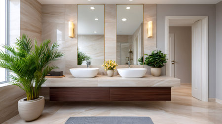 Elegant bathroom featuring natural stone, wooden cabinets, and plants creating a relaxing atmosphereの素材