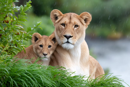 Lioness protecting her cub from the falling rain, showing a strong family bondの素材