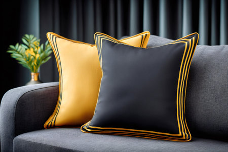 Modern living room with stylish yellow and black cushions decorating a comfortable gray sofaの素材