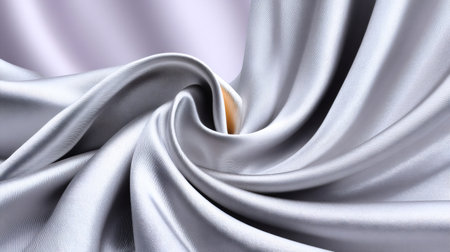Silver satin fabric draping with soft folds and a subtle swirl, creating a smooth textured backgroundの素材