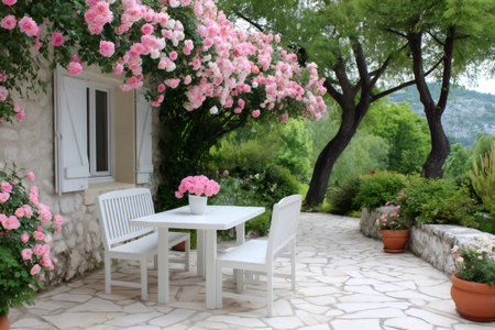 Stone patio area featuring white table and chairs under blooming pink roses with green garden viewsの素材