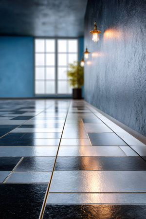 Modern apartment interior featuring dark blue walls and reflective checkered floor tiles, creating an empty spaceの素材
