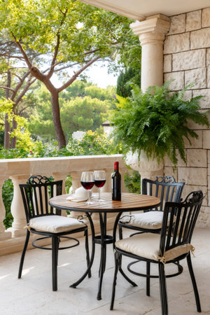 Romantic balcony setting with red wine glasses preparing for evening relaxationの素材