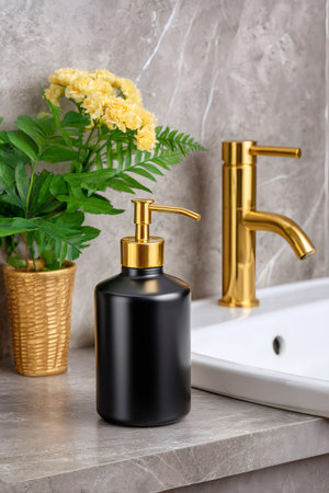 Black and gold soap dispenser sitting on a modern marble bathroom counter with a golden faucet and plantの素材