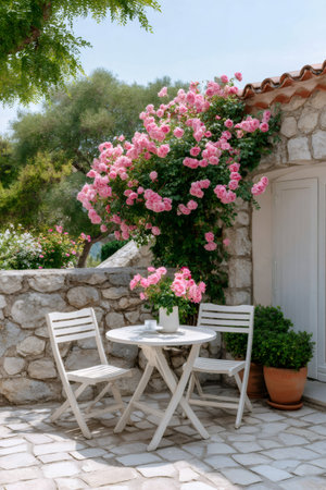 Garden patio with white cafe table and chairs next to a stone wall covered in pink rosesの素材