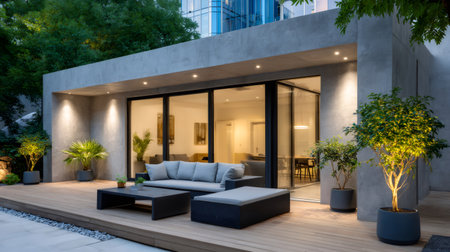 Contemporary home exterior featuring a wooden deck, outdoor sofa, and garden lightingの素材