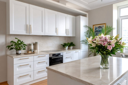 Clean, brightly lit kitchen presenting white cabinets, marble countertops, and a vibrant flower arrangementの素材