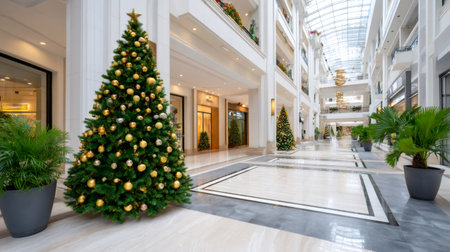 Christmas trees with golden and silver ornaments decorating a modern shopping mall during the holiday seasonの素材