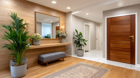 Home entryway showcasing modern interior design featuring a wooden wall, mirror, bench, and green potted plantsの素材