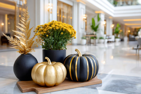 Modern pumpkins, ferns, and chrysanthemums decorating a luxurious hotel lobby during autumnの素材