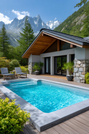 Modern chalet featuring an outdoor swimming pool and sun loungers with a stunning mountain backdropの素材