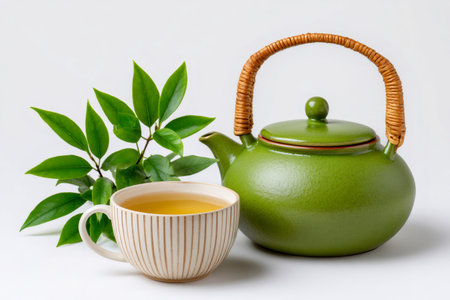 Green tea pouring from a ceramic teapot into a cup with fresh leavesの素材