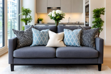Living room interior featuring a comfortable sofa with assorted throw pillows, open plan kitchen behindの素材