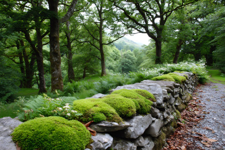 Mossy stone wall separating gravel path from forest hillside, creating a serene natural boundaryの素材