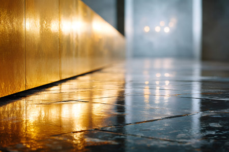 Gold wall reflecting on a wet, dark floor creating an abstract, atmospheric viewの素材