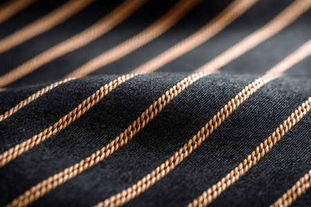 Dark gray fabric showing a close-up texture with diagonal golden chain pinstripe patternの素材