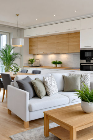 Modern open plan living room and kitchen design offering a comfortable and stylish home interiorの素材