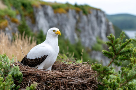 Steller's sea eagle nesting on a rugged cliff overlooking the oceanの素材