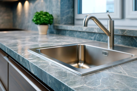 Close-up of a contemporary kitchen sink, faucet, and green marble countertop with a houseplantの素材