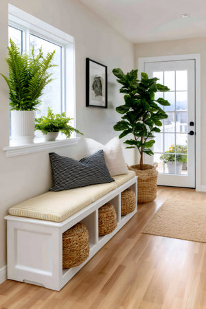 Hallway with built-in bench, decorative plants, and storage baskets creating a cozy spaceの素材