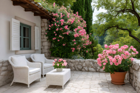Patio area featuring white wicker chairs, a table, and blooming pink roses creating a relaxing garden sceneの素材