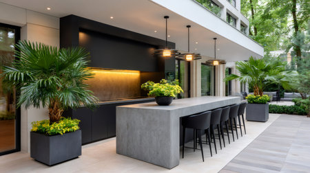 Contemporary outdoor kitchen bar with counter chairs, integrated appliances, and lush green potted plantsの素材