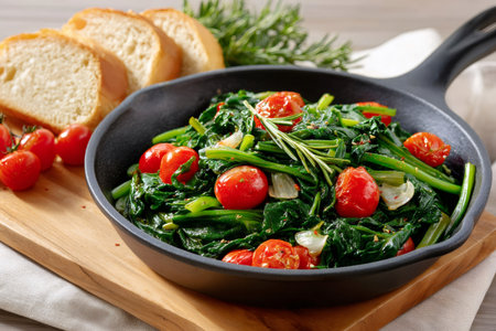 Fresh spinach and cherry tomatoes in a black cast iron skillet for a healthy conceptの素材