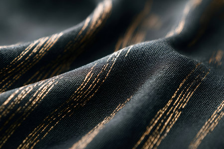 Black textile featuring shimmering gold stripes, creating an elegant and luxurious abstract textureの素材