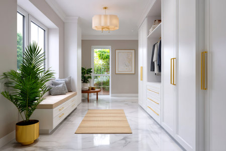 Clean white walk-in closet or dressing room featuring custom wardrobes and a window benchの素材