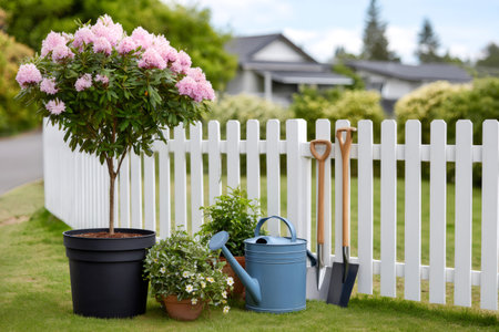 Gardening implements standing on green lawn with flowering plants by a white picket fenceの素材