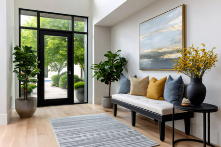 Home entryway showcasing modern interior design with a seating bench, abstract artwork, and plantsの素材