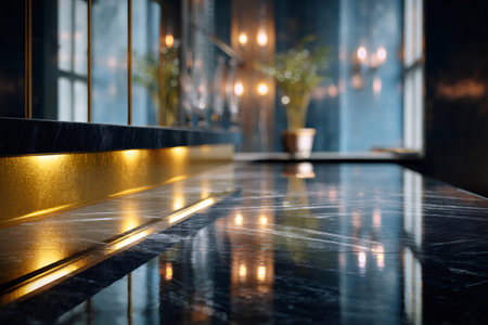 Black marble bar countertop showing reflections of blurred interior lighting and plantsの素材