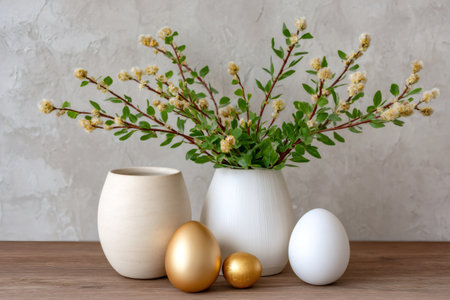 Easter eggs and spring flowers in minimalist vases creating a modern holiday decorationの素材