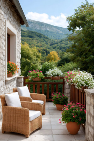 Stone house balcony with flowering plants, wicker chairs, and mountain view creating a relaxing summer sceneの素材