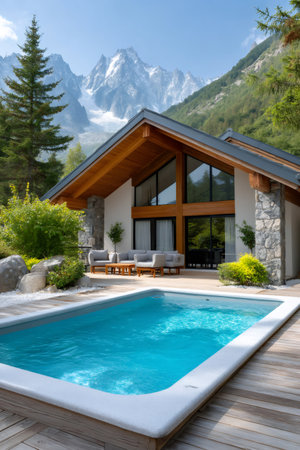 Modern chalet house featuring a private swimming pool and patio furniture with mountain viewsの素材