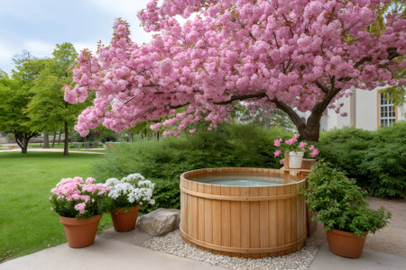 Wooden hot tub offering relaxation under a blooming cherry tree in a tranquil gardenの素材