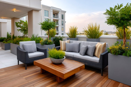 Modern rooftop patio featuring outdoor wicker furniture, a wooden deck, and lush green plantersの素材