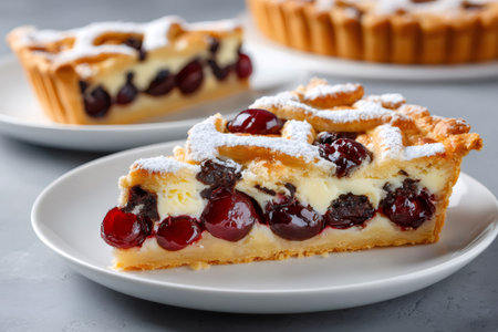 Cherry custard tart slice served on a white plate with full tart in backgroundの素材